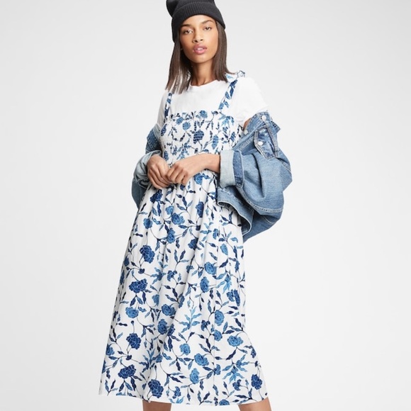 GAP Blue Floral Smocked Tie Strap Midi Dress Women’s Medium Petite - Picture 1 of 9